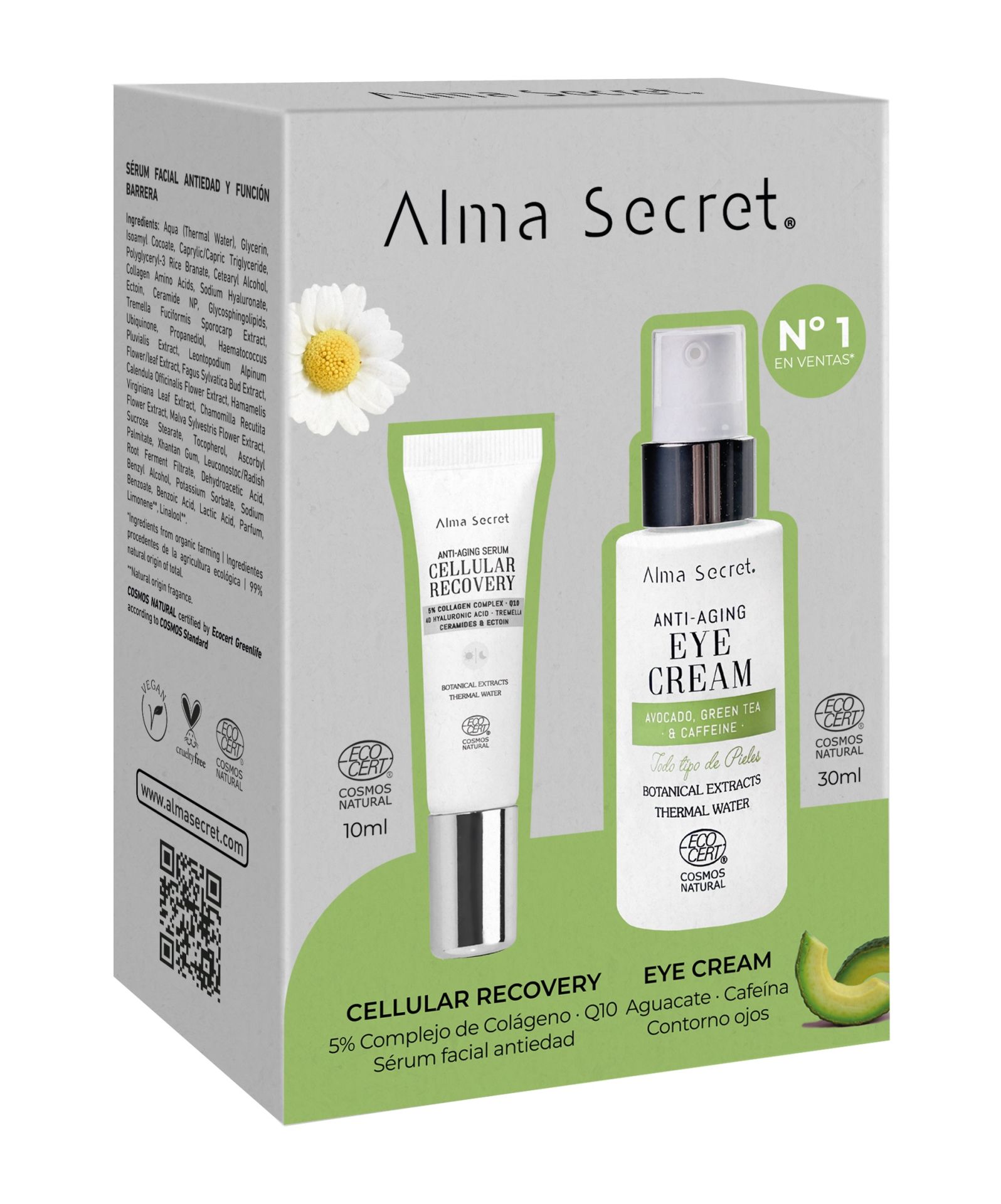 Pack Especial: Contorno de ojos & Mini Sérum Cellular Recovery de Alma Secret (39 euros). Incluye el contorno de ojos antiedad de 30 ml, que combate bolsas, ojeras, líneas de expresión e hinchazón de la zona, y el sérum facial antiedad Cellular Recovery de 10 ml, que combina siete tecnologías para rehidratar la piel, mejorar la firmeza y reducir las líneas de expresión.