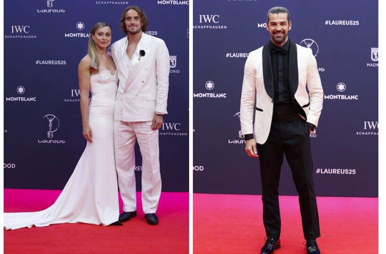 Miguel Ángel Silvestre y Paula Badosa con el tenista griego Stéfanos Tsitsipás en los Premios Laureus,