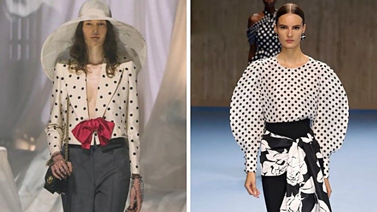 Outfit de lunares con pantalón firmados por Valentino (Alessandro Michele) y Carolina Herrera (Wes Gordon) de primavera-verano 2025