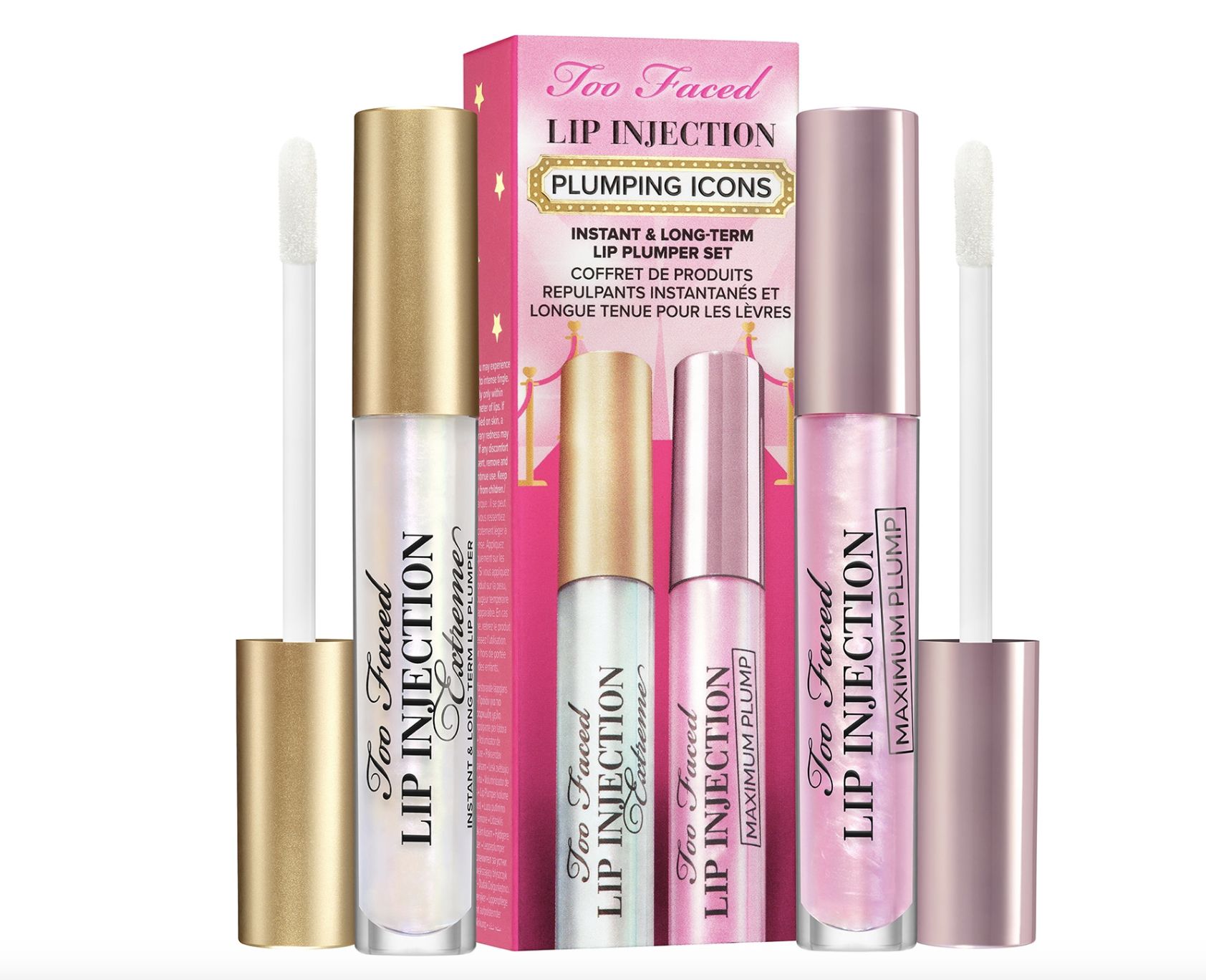Estuche de labios Lip Injection Plumping Icons de Too Faced (de 50 a 40 euros, solo en Sephora). Un dúo para unos labios jugosos y voluminosos: lip injection maximum plump en tamaño real y lip injection extreme en tamaño real. 