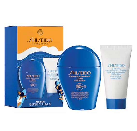 Cofre Sun Essentials de Shiseido (de 30 a 21 euros). Contiene el protector solar Expert Sun Lotion SPF50+ de 50 ml, una protección con cuidado antiedad, y el Aftersun Intensive Recovery de 30 ml, para nutrir y reparar la piel tras la exposición solar. 