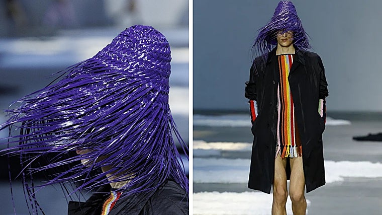 Look de pasarela para primavera-verano 2026 de Prada y detalle del sombrero que le recomiendo a Ceciarmy para verano en vez del gorro pasamontañas y la capucha