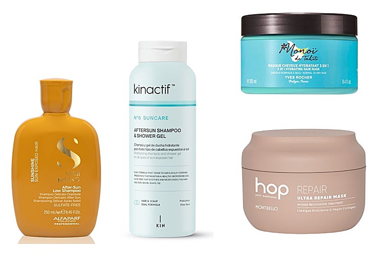 Champú Semi di Lino Sunshine de Alfaparf Milano (18,20 euros); Champú y gel de ducha hidratante Suncare de Kinactif (14,30 euros); Mascarilla capilar hidratante 3 en 1 Monöi de Tahití de Yves Rocher (9,95 euros); y Mascarilla capilar Smooth Hydration Mask Hop de Montibello (22,80 euros).