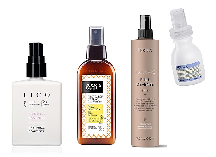 De izquierda a derecha: Antifrizz Beautifier de Lico by Helena Rodero ofrece protección UV y térmica (37,90 euros); Protector capilar de Nuggela&Sulé con filtros solares y anticontaminación (16,90 euros); Spray Acondicionador Protector Full Defense de Teknia (28 euros); SU / Hair Milk de Davines, una leche capilar con filtros UVB (13,50 euros).