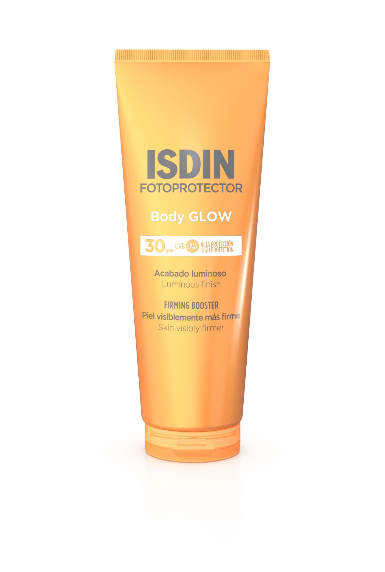 Body Glow Fotoprotector corporal SPF 30 de Isdin (29,55 euros). Un protector corporal que combina la protección solar con un acabado luminoso y radiante para una piel más bonita. Proporciona SPF 30 frente a rayos UVB/UVA, mientras mejora la firmeza y la piel gracias a su fórmula Booster Firming. Es una loción de rápida absorción con partículas de mica que reflejan la luz para un efecto glow saludable. Adecuado para todas las pieles, incluso las sensibles y atópicas.