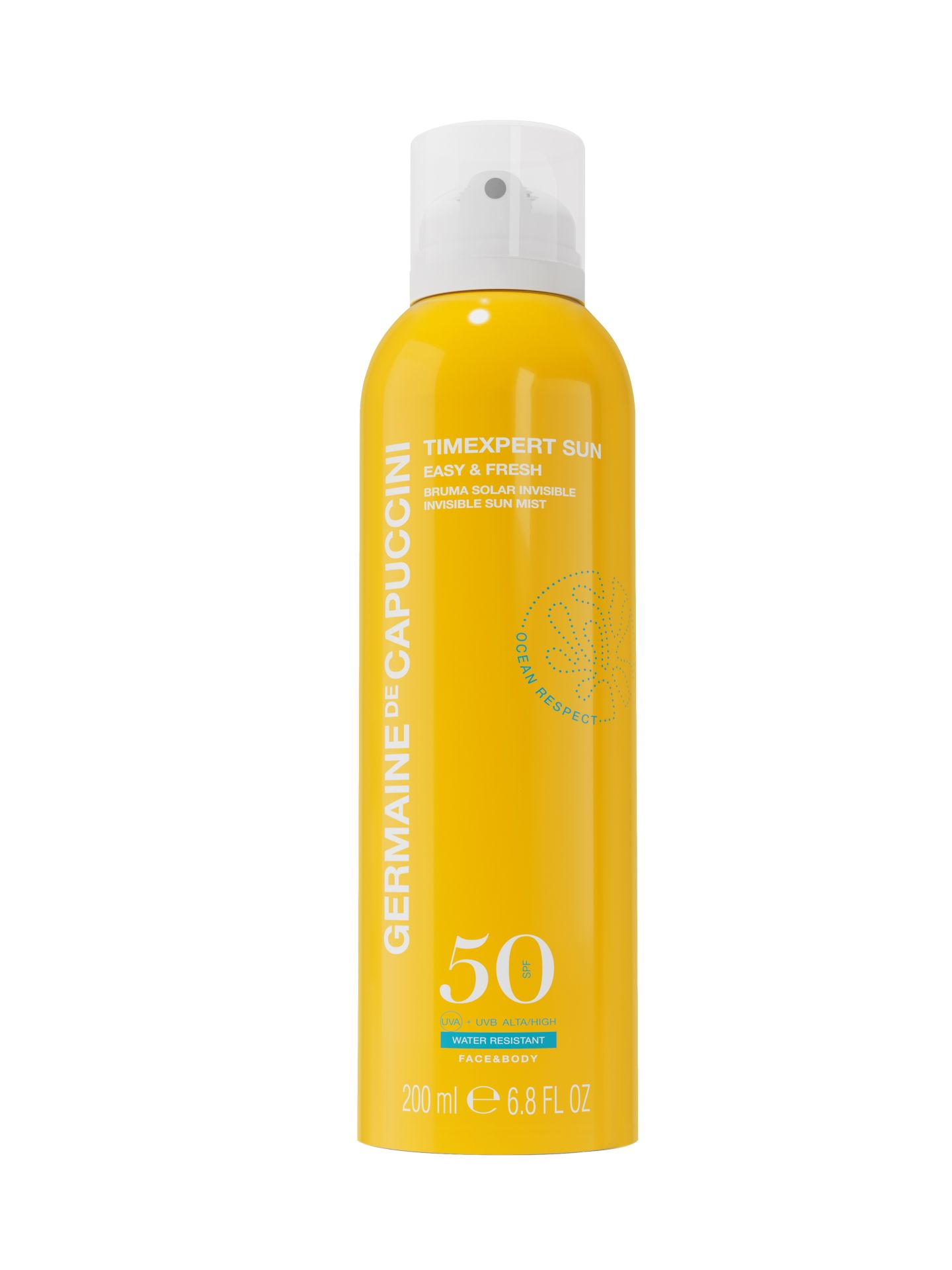 Easy & Fresh SPF 50 de Germaine de Capuccini (42,75 euros). Bruma corporal con textura ultraligera y acabado invisible que incluye en su fórmula aceite de raíz de jengibre, antioxidante y calmante, que ralentiza el envejecimiento de la piel y es muy eficaz para pieles irritadas o sensibles. Ha sido formulado con ingredientes biodegradables, libre de siliconas y micropláticos para preservar los océanos.
