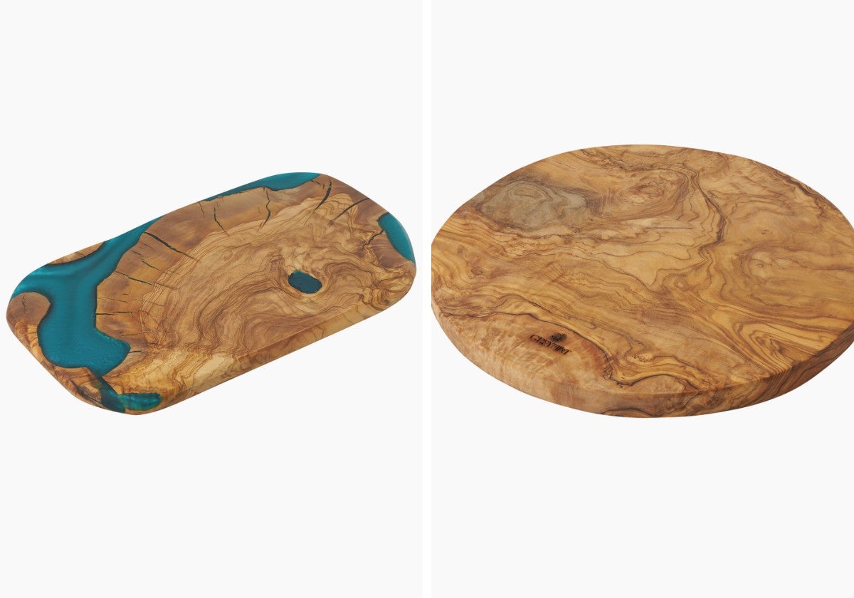 Colección de tablas Yaya de Greymint (redonda, 95 €; con resina azul, 280 €). De madera de olivo, está tratada a mano con aceite de oliva y ofrece larga duración