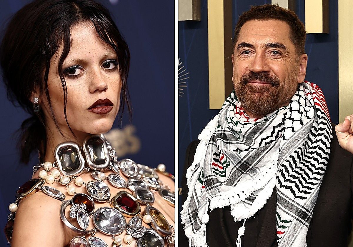 Jenna Ortega y Javier Bardem en la alfombra roja de los Premios Emmy