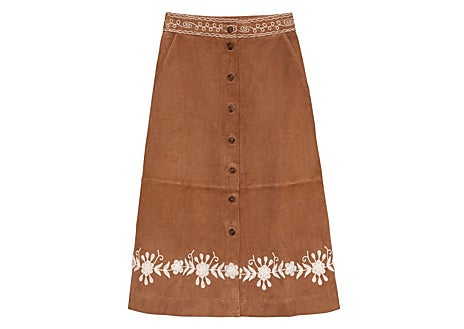 Imagen secundaria 1 - Chaqueta de ante de Monpiel (289,90 euros), falda Clari de Sézane x Baziszt (280 euros) y modelo con estola XL de Mango