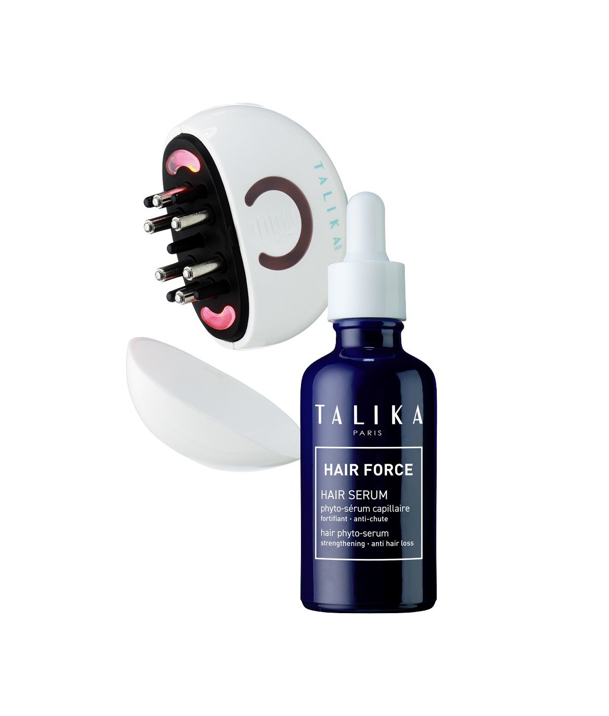 Hari Fonce de Talika (173 euros). Incluye un dispositivo en formato peine-cepillo con microvibraciones y de terapia LED que permite combinar los beneficios de la luz roja (630 nm), y la fórmula anticaída de Hair Force Serum.