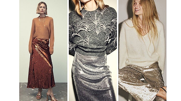 Sequin clothing combinations and sweaters from Zara, Mango and H&M