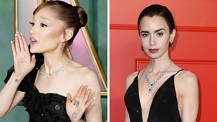 Ariana Grande e Lily Collins parecem elegantes com coques de bailarina e cabelos soltos, respectivamente.