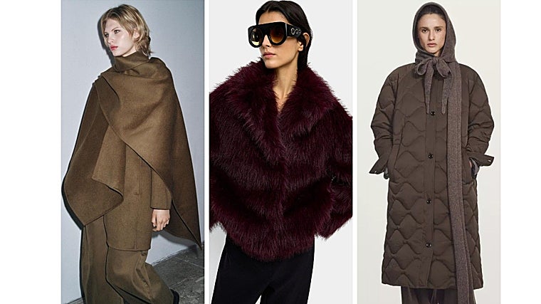 Um casaco capa da Zara (65,40€ em promoção), um casaco com efeito pele da Parfois (69,99€) e uma peça acolchoada da Massimo Dutti (79,95€ em promoção).