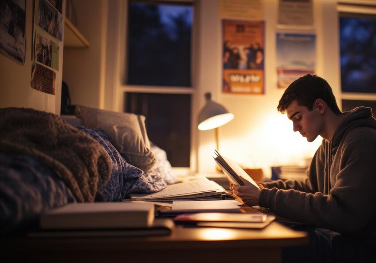 Un joven lee un diario económico en su escritorio con su lámpara de lectura