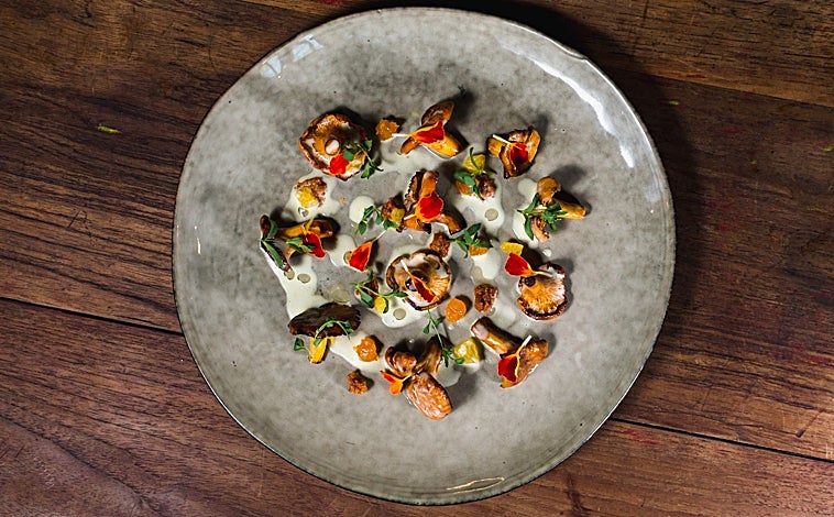 Imagen principal - Sobre estas líneas, arriba, una de las creaciones con setas del chef manchego Miguel Carretero, en el restaurante Santerra de Madrid. Abajo, a la izquierda, plato de setas de temporada de Óscar García, chef de Baluarte (una estrella Michelin en Soria). A la derecha, postre de Daniel Ochoa en Montia –'sablé' de chocolate con champiñón–, en San Lorenzo de El Escorial (Madrid)