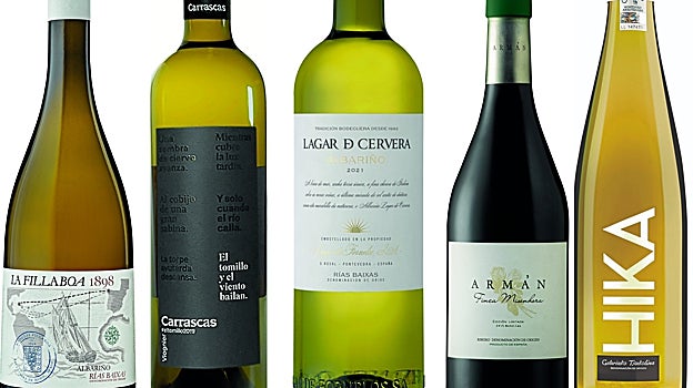 De izquierda a derecha: La Fullaboa 1898, El tomillo y el viento bailan, Lagar de Cervera, Armán Finca Misenhora 2019, Hika Txakolina White.