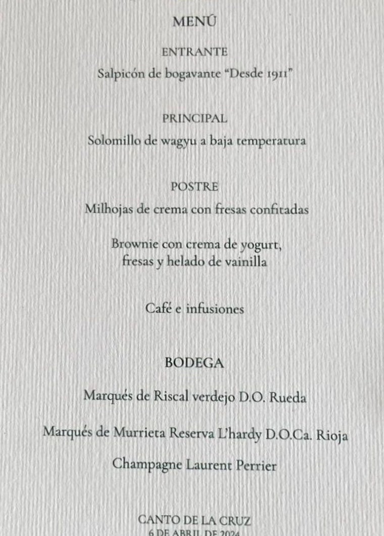 Minuta del menú servido por Lhardy en la boda de Almeida y Teresa Urquijo