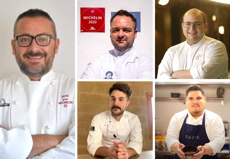 Sobre estas líneas, Pedrito Sánchez, chef de Bagá (izquierda); Juan Aceituno, chef de Dama Juana (en el primer cuadro de la izquierda); Javier Jurado, de Malak (cuadro de arriba a la derecha); Juan Carlos García, chef de Vandelvira (cuadro inferior izquierdo) y Juanjo Mesa, de Radís