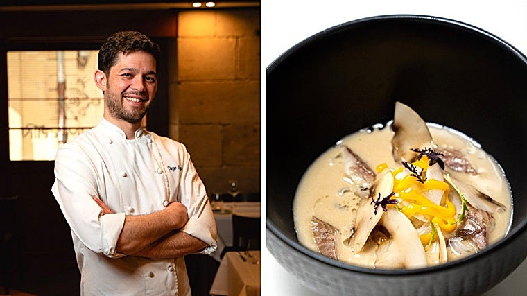 Diego Postigo, de Muxumartin, y uno de sus pintxos