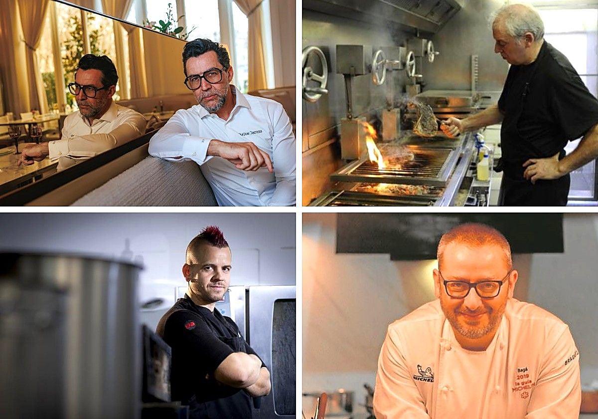 Sobre estas líneas, Quique Dacosta, Bittor Arginzoniz, Dabiz Muñoz y Pedrito Sánchez, con restaurantes en la parte alta de la lista OAD de 2024