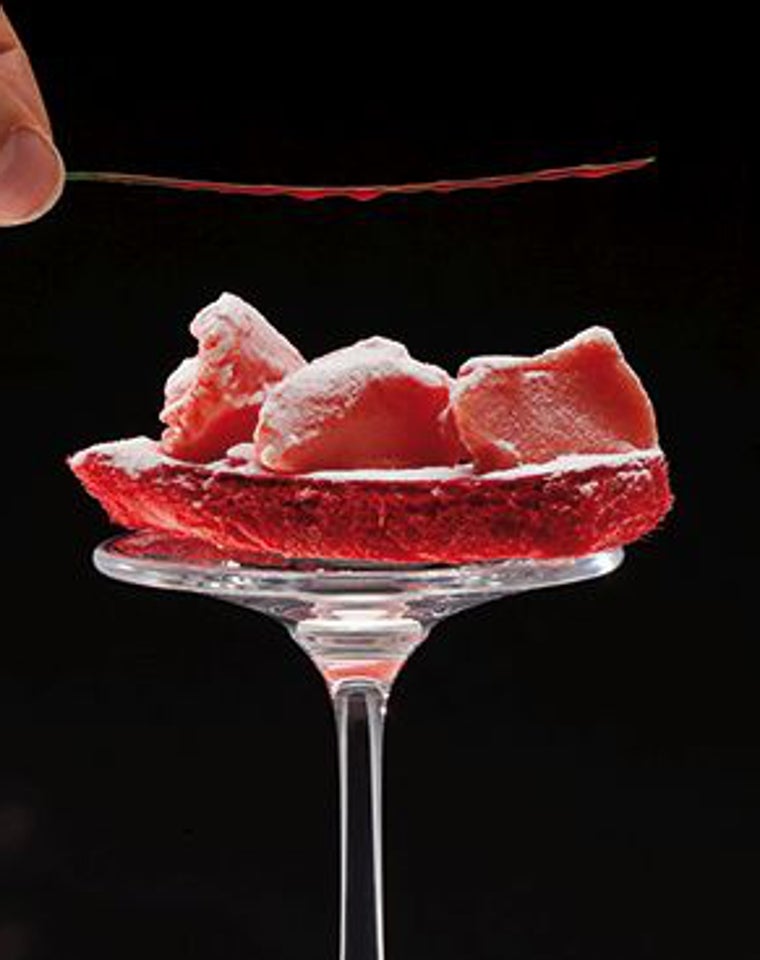 Bizcocho-LYO de sanguina con su sorbete y vodka, pase de elBulli en 2011, su último año abierto