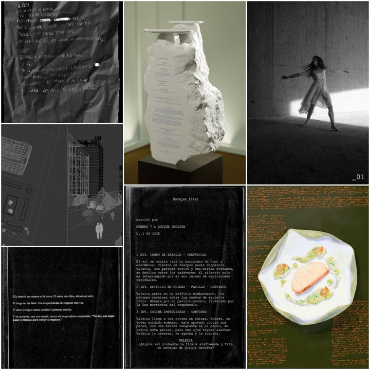 Las siete obras (de arriba a abajo y de izquierda a derecha) inspiradas en platos de Quique Dacosta y registradas como expresiones artísticas de estas disciplinas: música, escultura, danza, arquitectura, cine, pintura y escritura