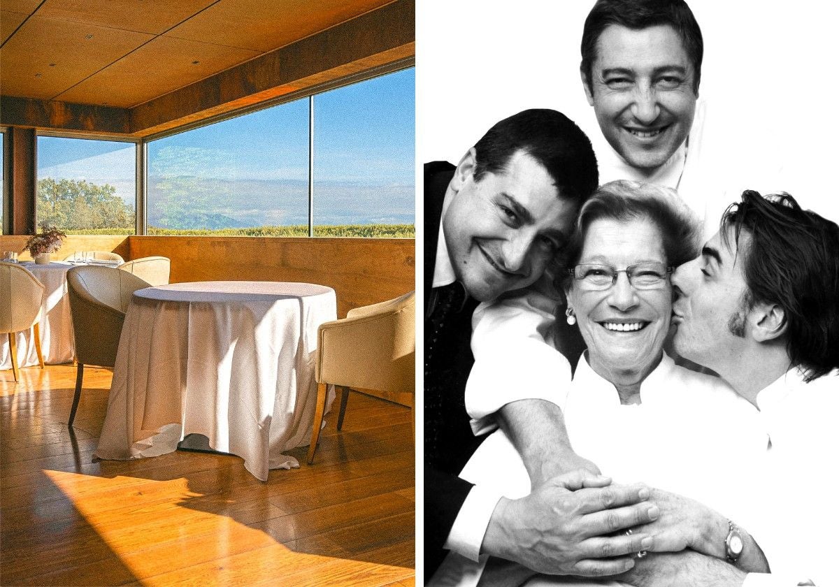 A la izquierda, sala del nuevo restaurante de los hermanos Roca, Fontané, en el hotel Esperit Roca de San Julián del Ramís (Gerona). A la derecha, Josep, Joan y Jordi Roca junto con su madre Montserrat Fontané, a quien rinden tributo en este espacio gastronómico dedicado a la cocina tradicional catalana