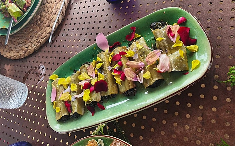 Main image – Weed-Stuffed Cannelloni (above); brioche with strawberries macerated in oil and roses (bottom left) and leaf and flower tempura (bottom right). All cooked by Iolanda Bustos