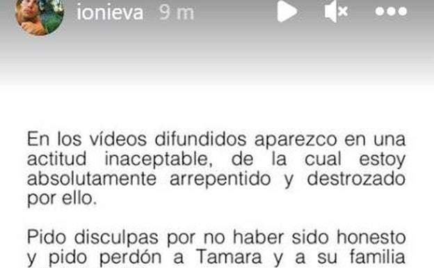 Comunicado de Íñigo Onieva en Instagram pidiendo discuplas a Tamara Falcó