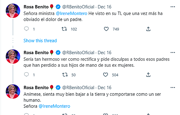Tweets de Rosa Benito a Irene Montero