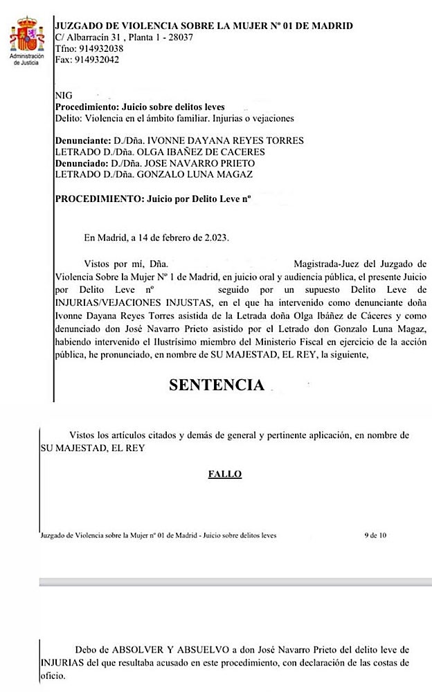 Parte de la sentencia donde se aprecia el fallo de la juez del juzgado nº1 de Violencia de Género que absuelve a Pepe Navarro