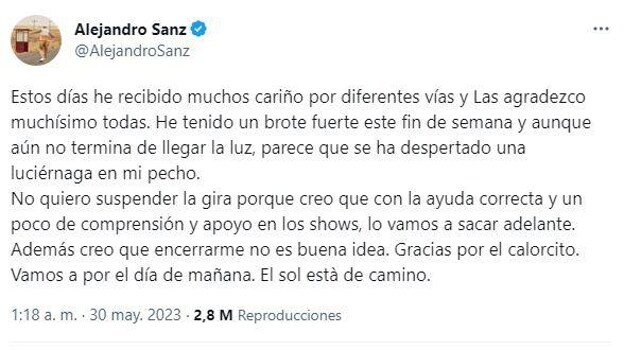 Alejandro Sanz reaparece tras su alarmante mensaje: «He tenido un brote fuerte»