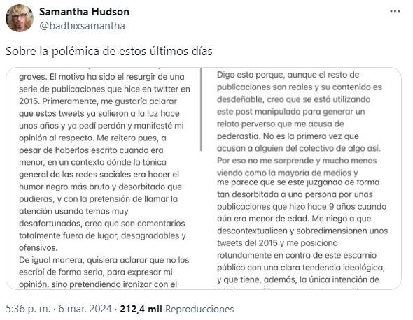 Mensaje de Samantha Hudson en redes sociales