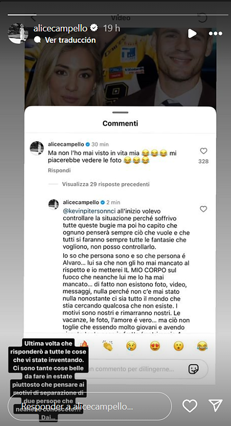 Alice Campello estalla en sus redes sociales ante las nuevas especulaciones sobre su ruptura con Álvaro Morata