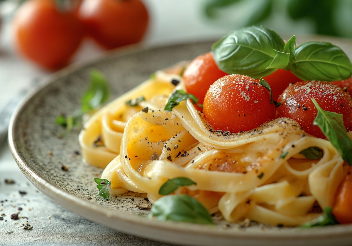 Tagliatelles con salsa de tomate cherry y encurtidos&nbsp;