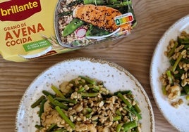 Espárragos ajetes y gambas con avena cocida y salsa de soja