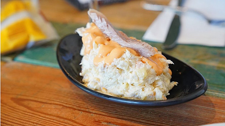 Ensaladilla de melva canutera y emulsión de pimiento semidulce