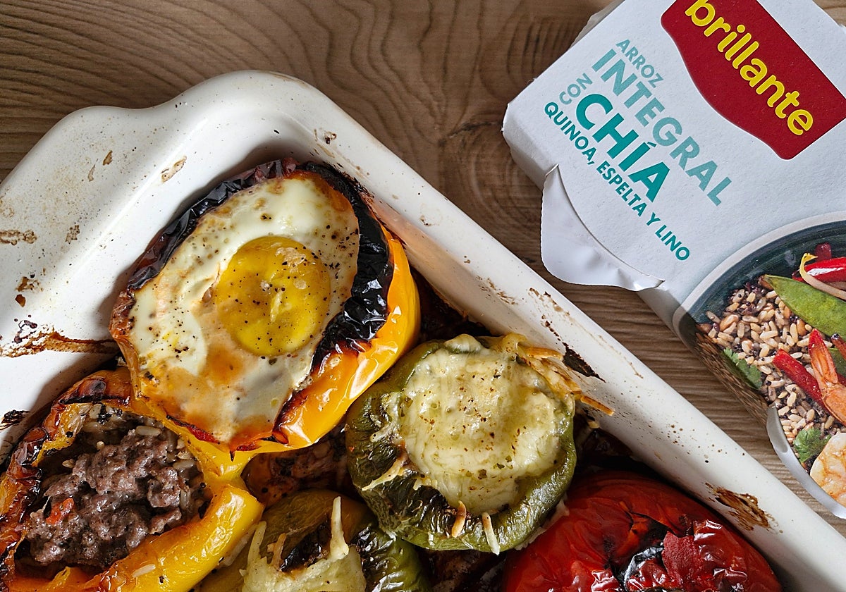 Pimientos rellenos de sorpresas (arroz integral,quinoa, chía, lino...)