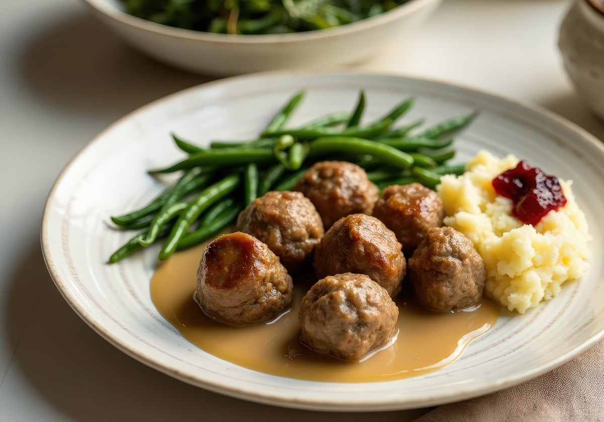 Albóndigas con salsa de puerros y arroz