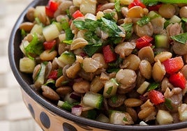 Salpicón de lentejas, pepino, cebolleta, aceitunas verdes y almendras con aliño de comino y yogur