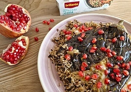 Berenjena asada con vasito de arroz integral y chía Brillante, ricotta y granada