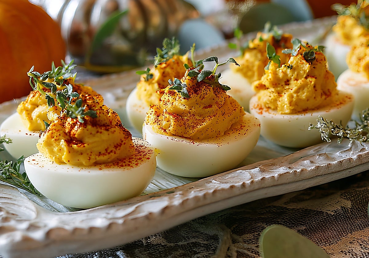 Huevos rellenos de pollo y setas a la bechamel