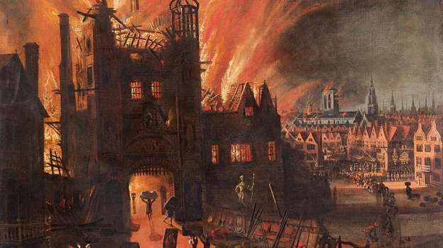 Pintura al óleo de autor desconocido, realizada en 1670, del Gran Incendio de Londres visto desde Ludgate