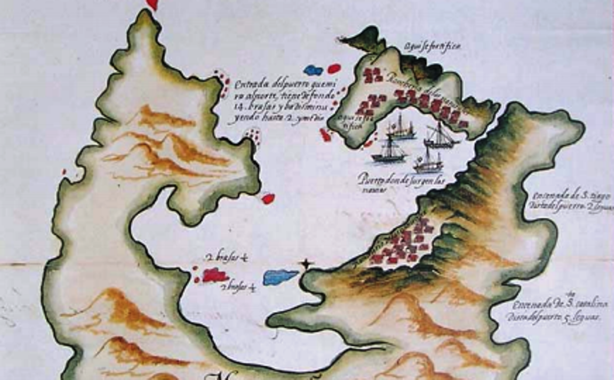 Mapa del puerto de la Santísima Trinidad, controlado por España.