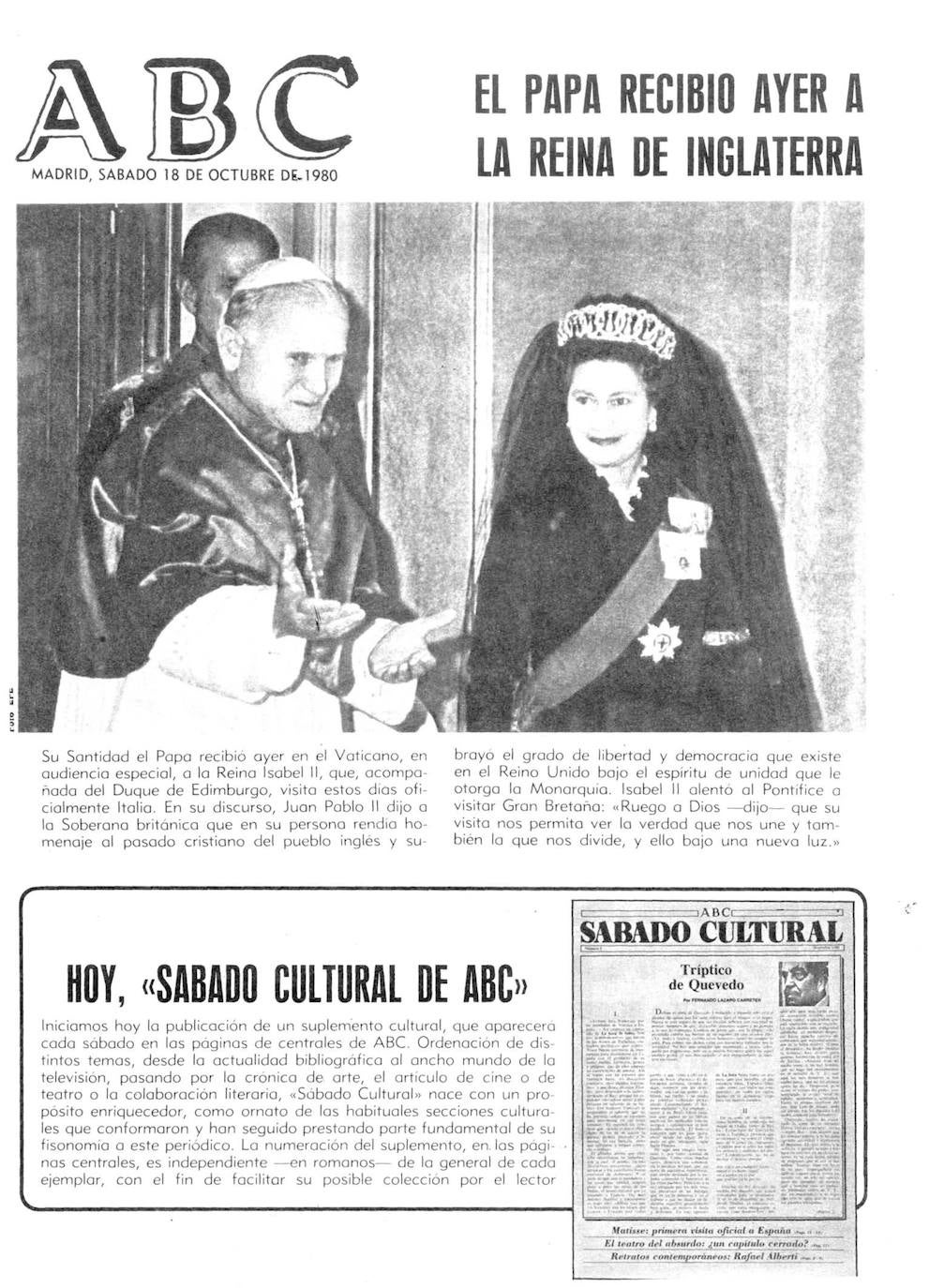 El 17 de octubre de 1980, el Papa Juan Pablo II recibió a la Reina de Inglaterra. Dos años después, el Sumo Pontífice le  correspondió, en la que fue la primera visita de un papa católico al Reino Unido en 450 años.