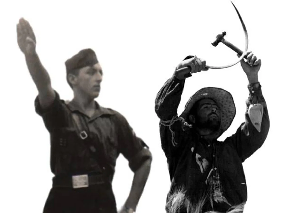 Montaje de un miliciano haciendo el símbolo de la hoz y el martillo comunista y un falangista haciendo el saludo fascista