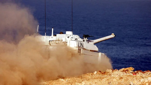 A French Leclerc tank and the United Nations Interim Force in Lebanon (UNIFIL) take part in joint military exercises between UNIFIL and the Lebanese Army in Naqura, near the Lebanese-Israeli border