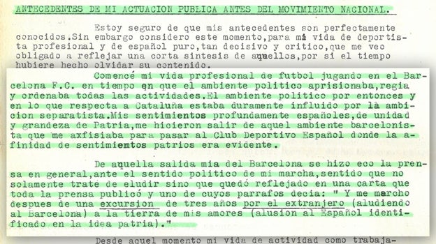 Extracto del recurso que Ricardo Zamora presentó a la FEF en 1940, donde se refiere a su pasado en el F. C. Barcelona y las razones por las que decidió fichar por el Español