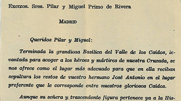 Carta de Franco a la familia Primo de Rivera en 1959