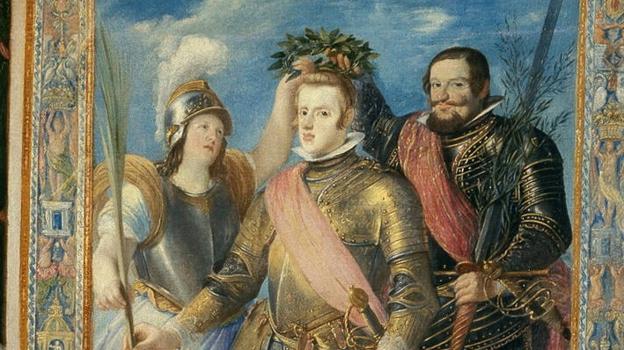 Detalle de la alegoría de la recuperación de Bahía con el Conde-Duque sostenienddo la corona de laurel al Rey.